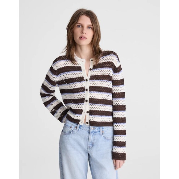 Madewell Sweaters - Madewell‎ Women Crochet Open Stitch Fisherman Cardigan Ivory Brown blue XL  NwT